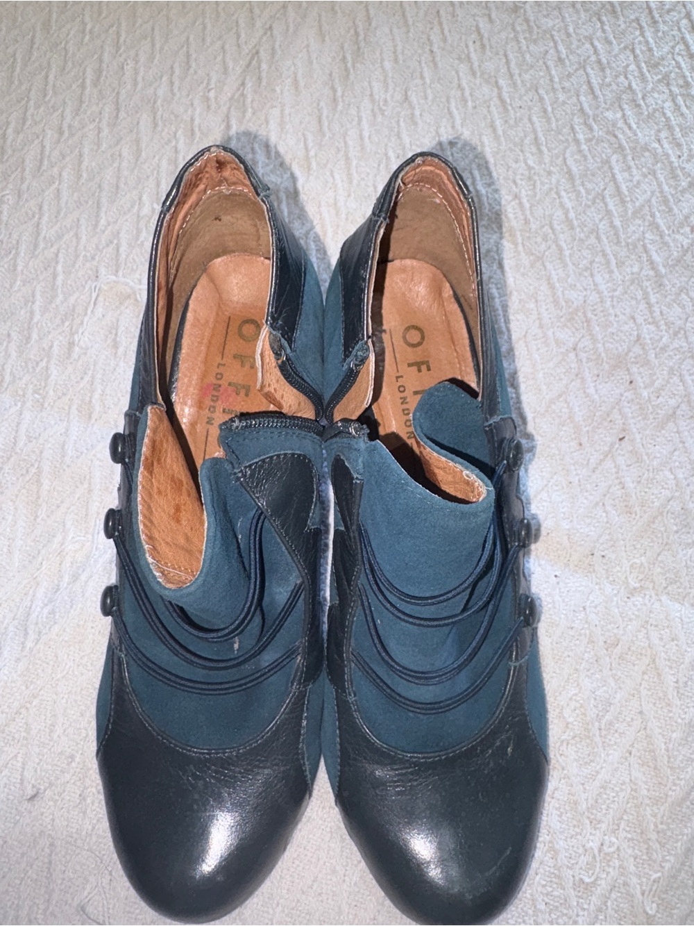 OFF London Teal and Black Leather Heeled Booties